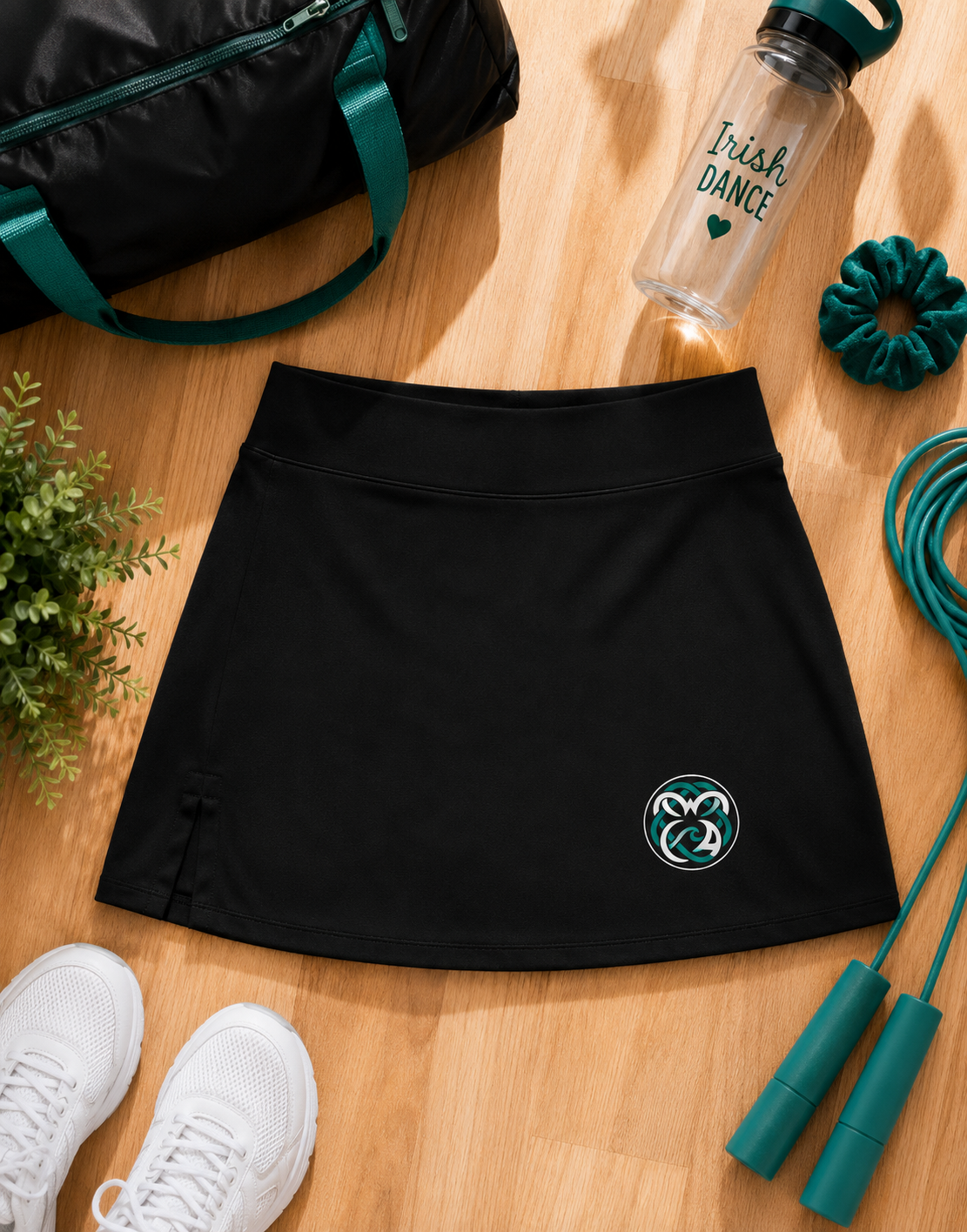 A black athletic skirt with a teal and white circular logo on the lower right, styled in a flat lay on a wooden floor with a black duffel bag, water bottle, jump rope, scrunchie, sneakers, and a small plant.