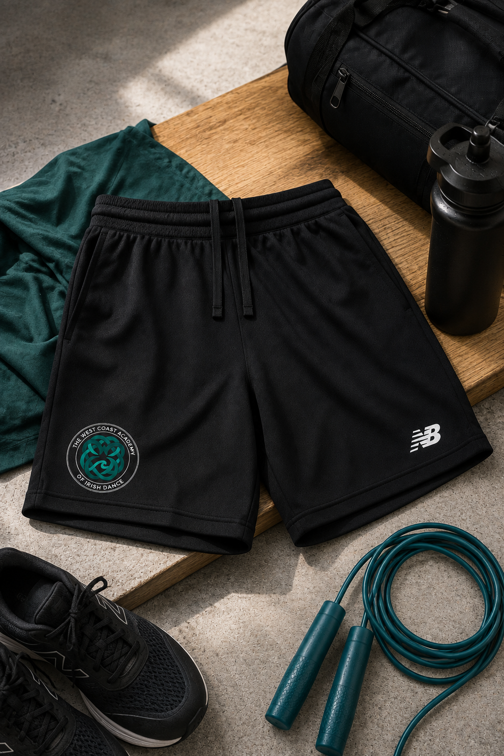 Black athletic shorts with a white New Balance logo on the left thigh and a green Celtic logo on the right thigh, styled in a gym flat-lay with a jump rope, water bottle, t-shirt, and sneakers on a wooden bench.