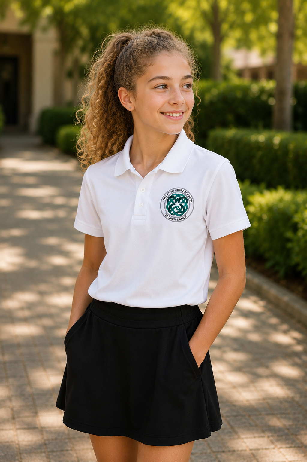 A young girl with curly hair wearing a white short-sleeve polo shirt with a green and white crest on the chest, paired with a black pleated skirt, standing outdoors on a paved walkway.