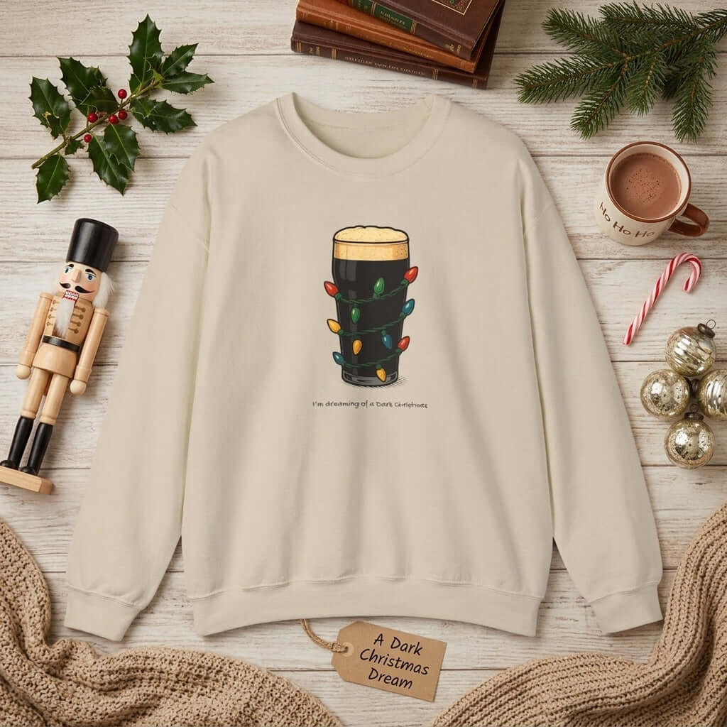 Dark Christmas Stout Sweatshirt, a festive Irish Christmas gift featuring a pint of stout wrapped in holiday lights.