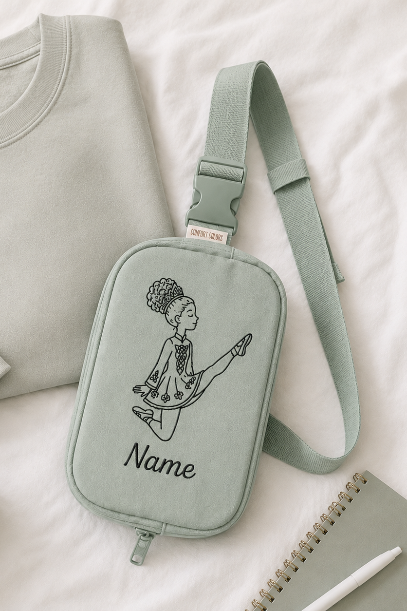 personalized Irish dancer bag, custom Irish dance bag, embroidered Irish dancer sling bag, Irish dance accessories, personalized dance bag, Irish dancer gift, feis travel bag, Irish dance competition bag, custom dancer name bag, Irish dance school gift, dancer sling bag, Irish dance team gear, personalized Irish dance apparel accessories.