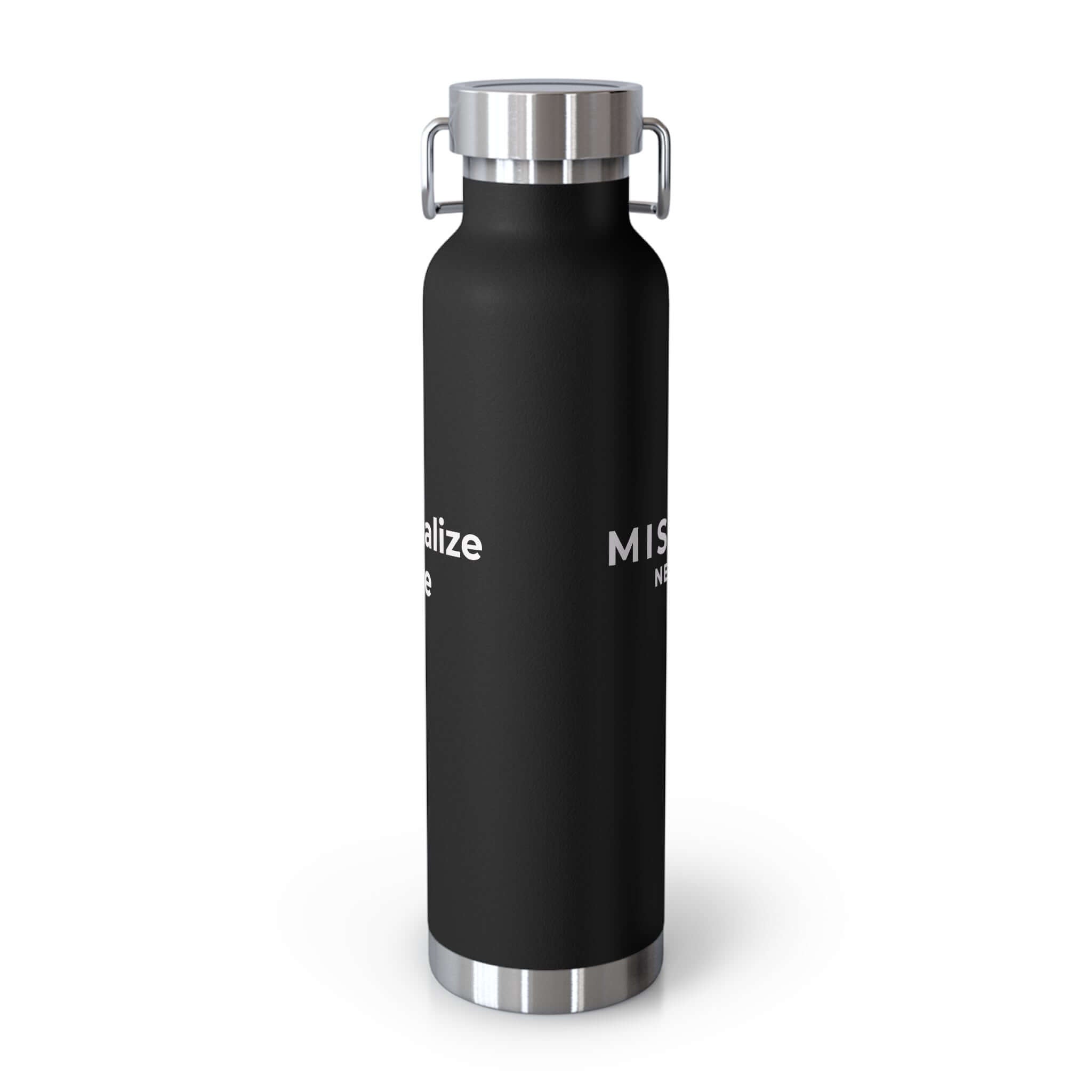 A matte black insulated water bottle with a stainless steel lid and base, featuring white printed text on the side, shown on a clean white background.