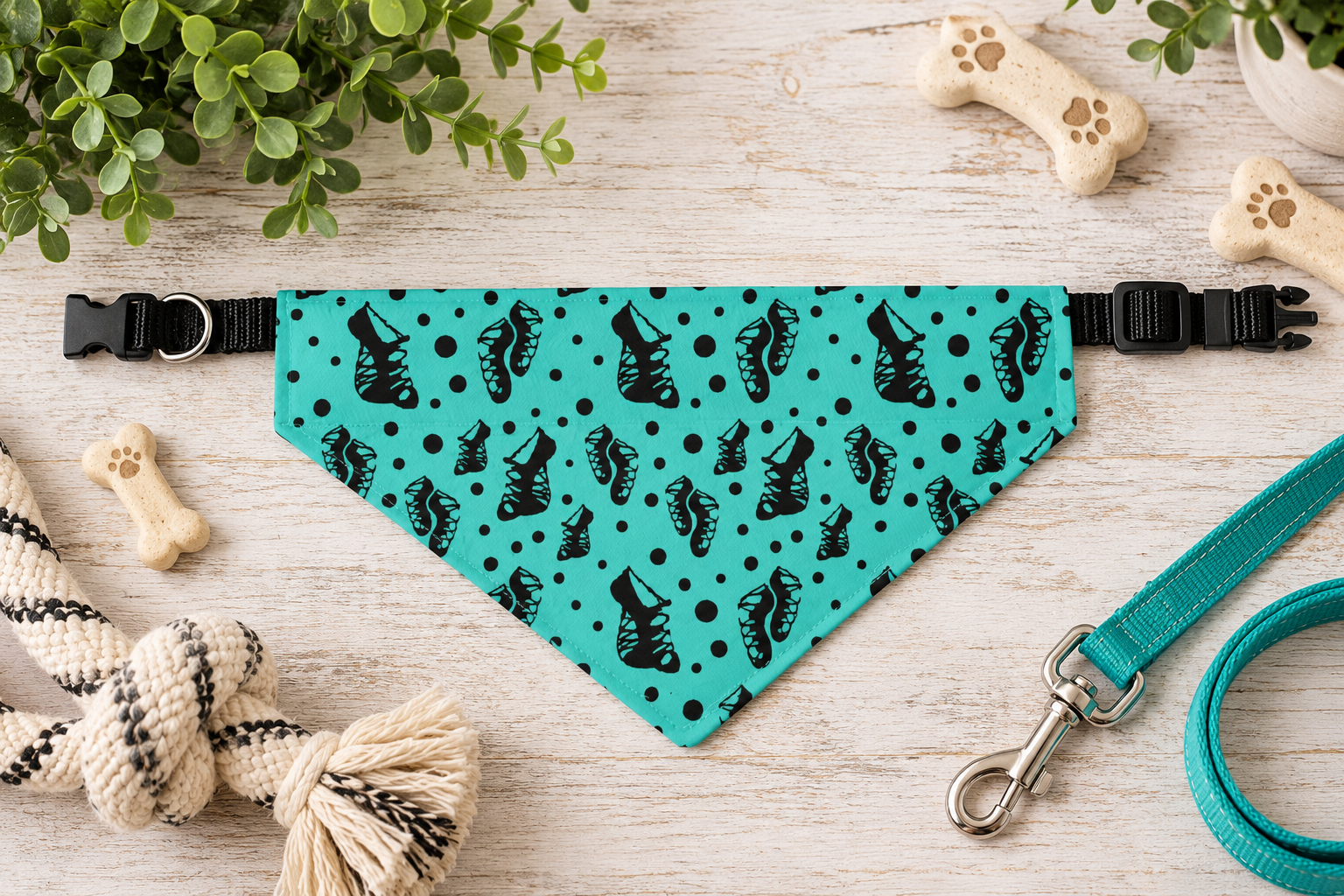 Irish dance soft shoe clip-on pet bandana with adjustable black collar, flat lay with leash and dog toys
