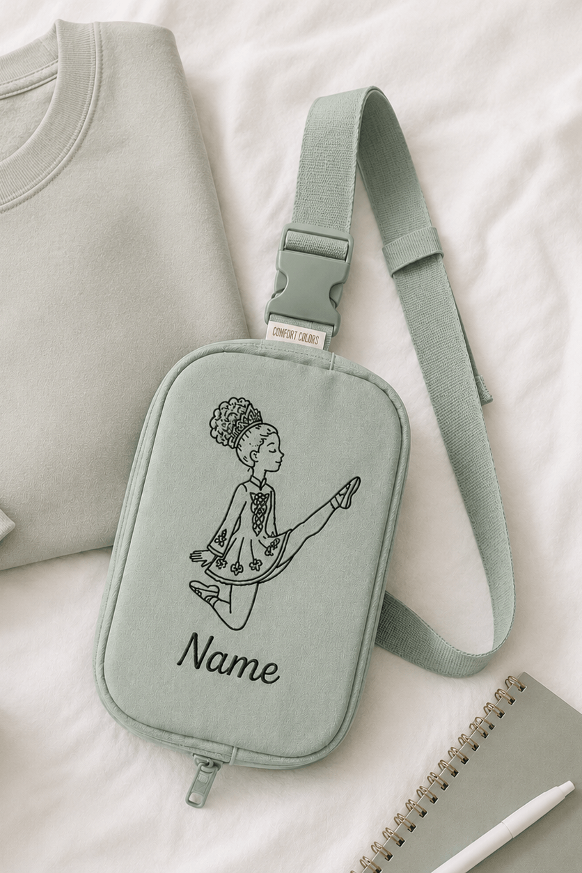 personalized Irish dancer bag, custom Irish dance bag, embroidered Irish dancer sling bag, Irish dance accessories, personalized dance bag, Irish dancer gift, feis travel bag, Irish dance competition bag, custom dancer name bag, Irish dance school gift, dancer sling bag, Irish dance team gear, personalized Irish dance apparel accessories.
