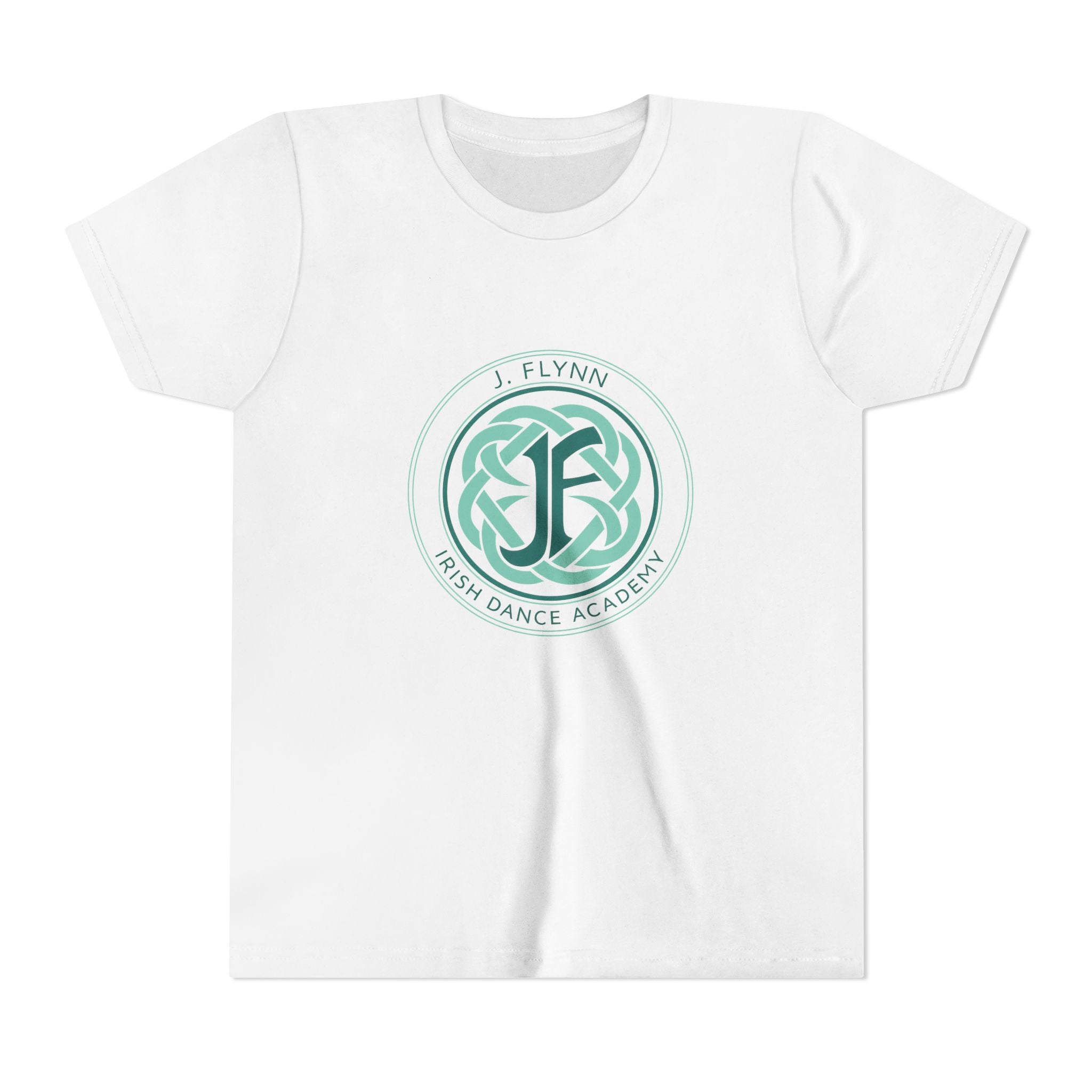 A white short-sleeve crewneck t-shirt featuring a circular green and teal graphic on the chest with the text 'J. FLYNN IRISH DANCE ACADEMY' and a stylized 'JF' monogram.