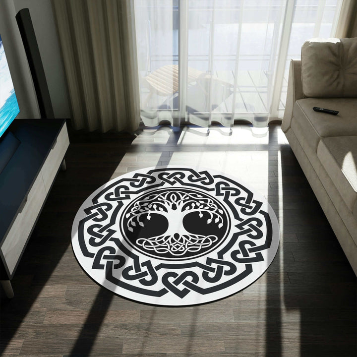 Black and white Tree of Life Celtic Knot Round Rug, A tree of life surrounded by a celtic knot with hearts, Black and White Round Rug, Celtic Knot Decor, Celtic Rug, Irish Rug, Irish Decor, Tree of Life Decor