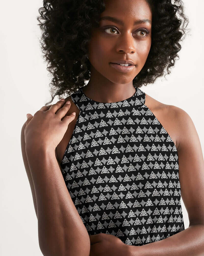 Celtic Dress: Elegant Celtic Knot Halter Dress Black & White / M Celtic Dress: Elegant Celtic Knot Halter Dress Black & White / M